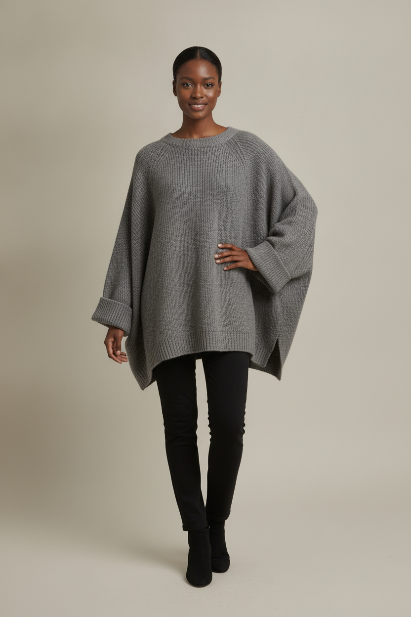 Oversized Trui Dames met Vleermuismouwen – Poncho Trui — Kalani – Grijs – vooraanzicht
