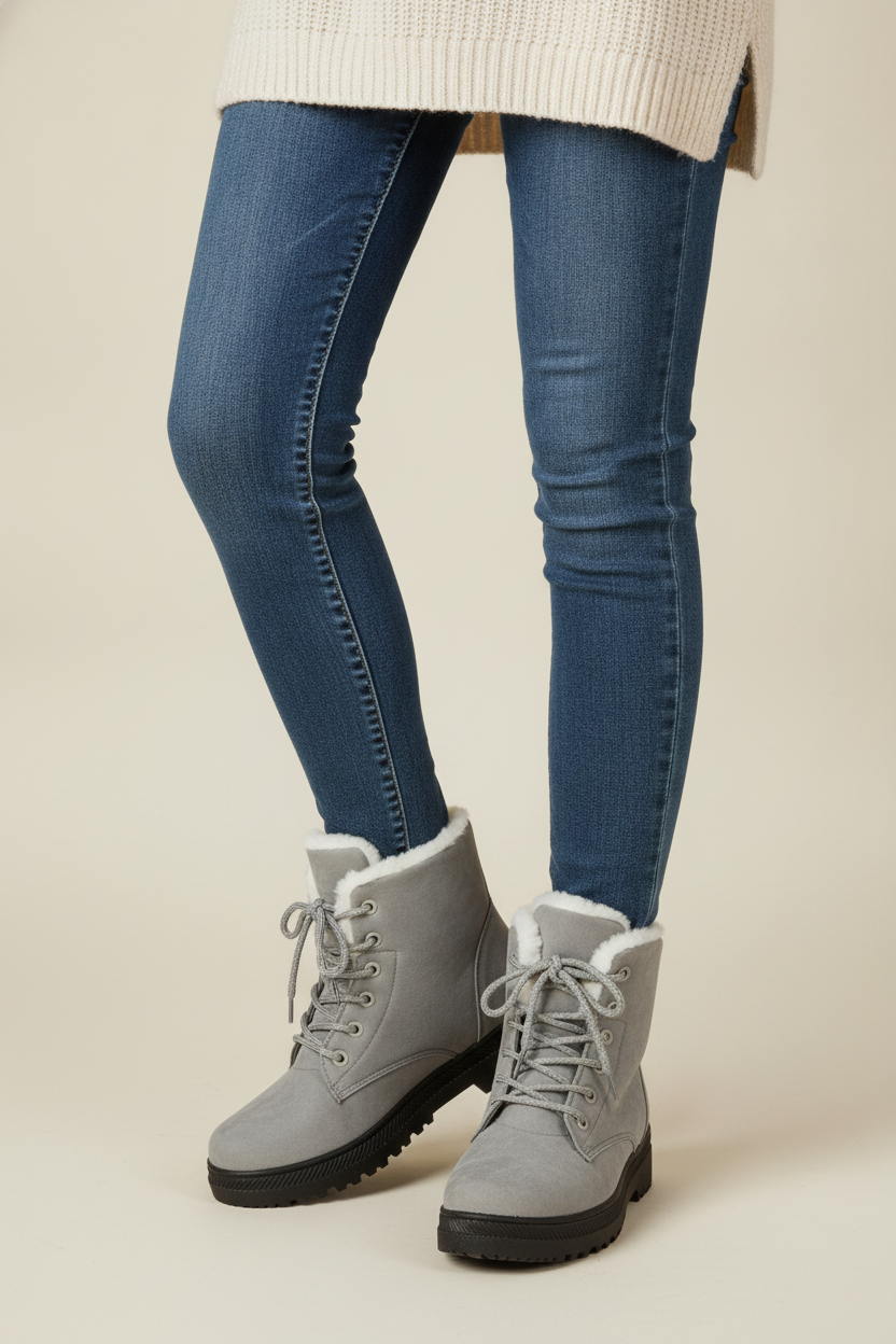 Snowboots Dames met Veters – Gevoerde Enkellaarsjes — Runa – Grijs – vooraanzicht