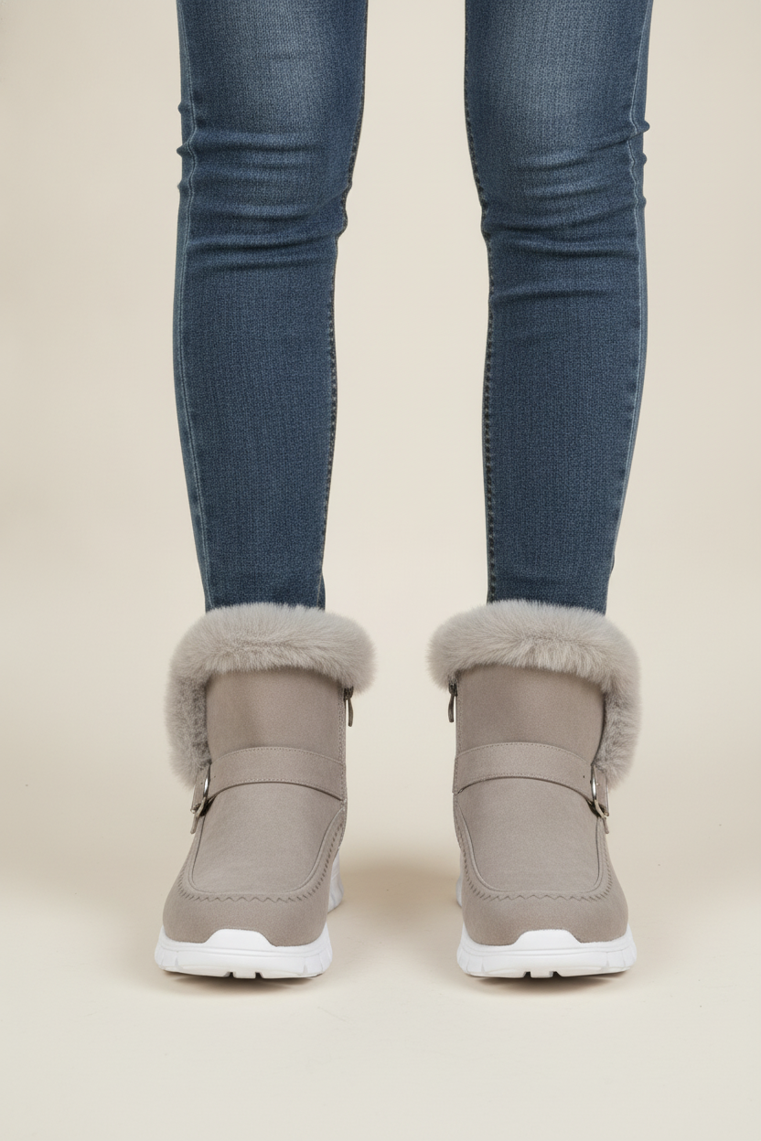 Gevoerde Snowboots Dames met Gesp – Imitatiebont Kraag — Saga – Grijs – vooraanzicht