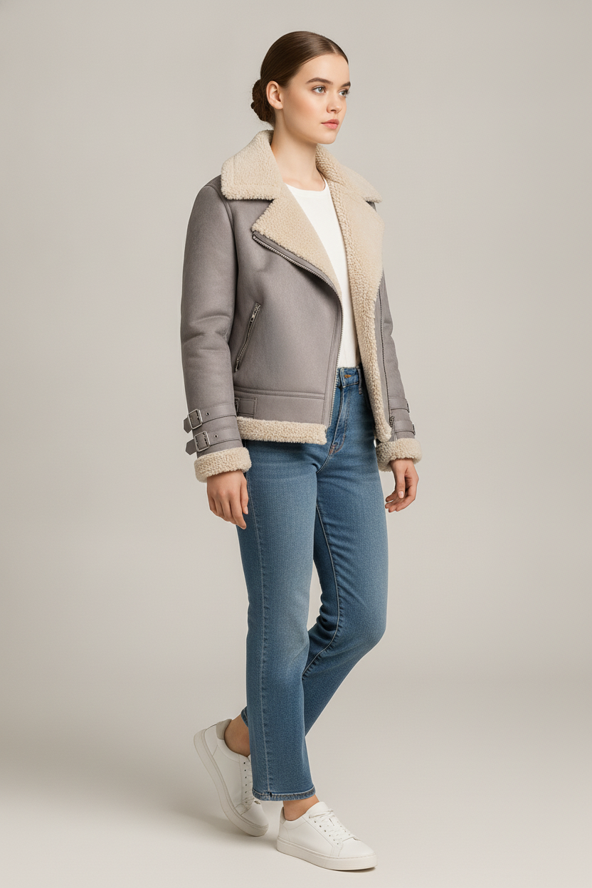 Aviator Jas Dames met Imitatiebont Kraag – Suèdelook — Astrid – Grijs – vooraanzicht