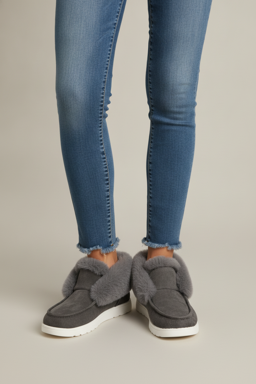 Gevoerde Instapboots Dames – Pluizige Rand en Suèdelook — Liva – Grijs – vooraanzicht
