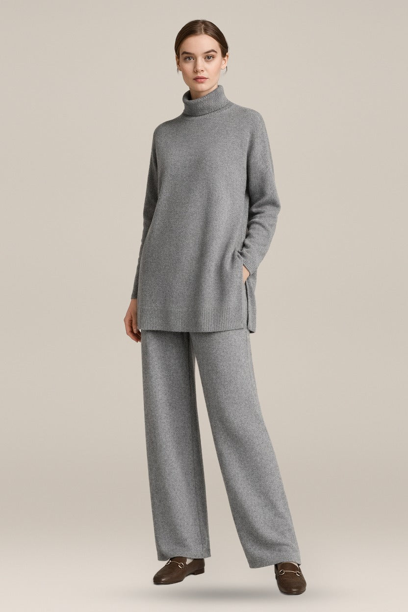 Gebreide set Helia – coltrui en wijde broek – Grijs