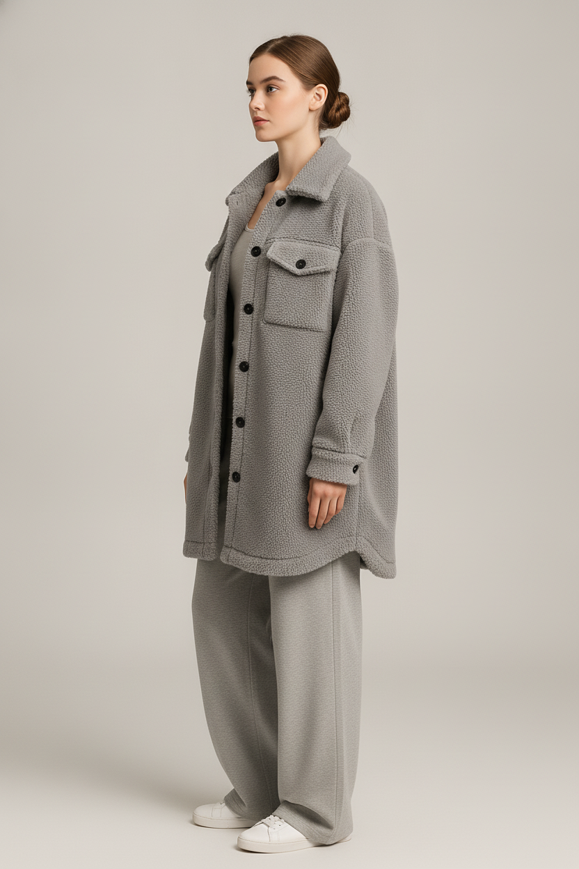 Geruite Dames Teddy Jas – Oversized Shacket met Knopen — Laila – Grijs – zijaanzicht