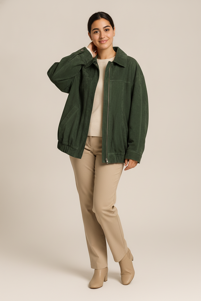 Oversized Suedelook Jas — Zarina – Groen – vooraanzicht