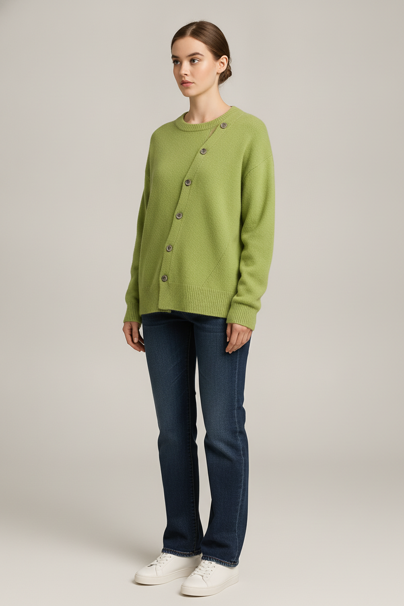 Gebreid Vest Dames met Schuine Knoopsluiting – Losse Cardigan — Estela – Groen – vooraanzicht