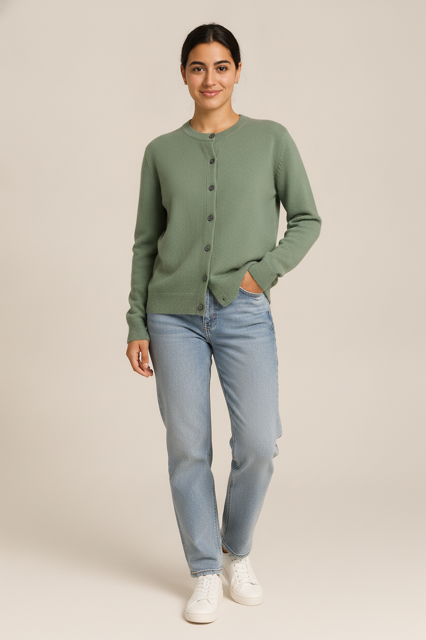 Gebreid Vest Dames met Ronde Hals – Zachte Cardigan met Knopen — Belen – Groen – vooraanzicht