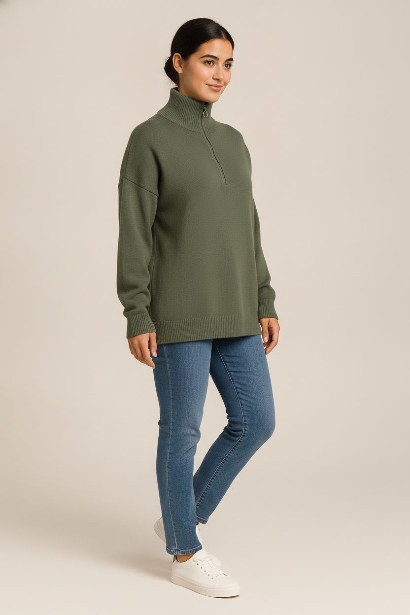 Trui Dames met Halve Rits – Pullover met Kraag — Talara – Groen – vooraanzicht