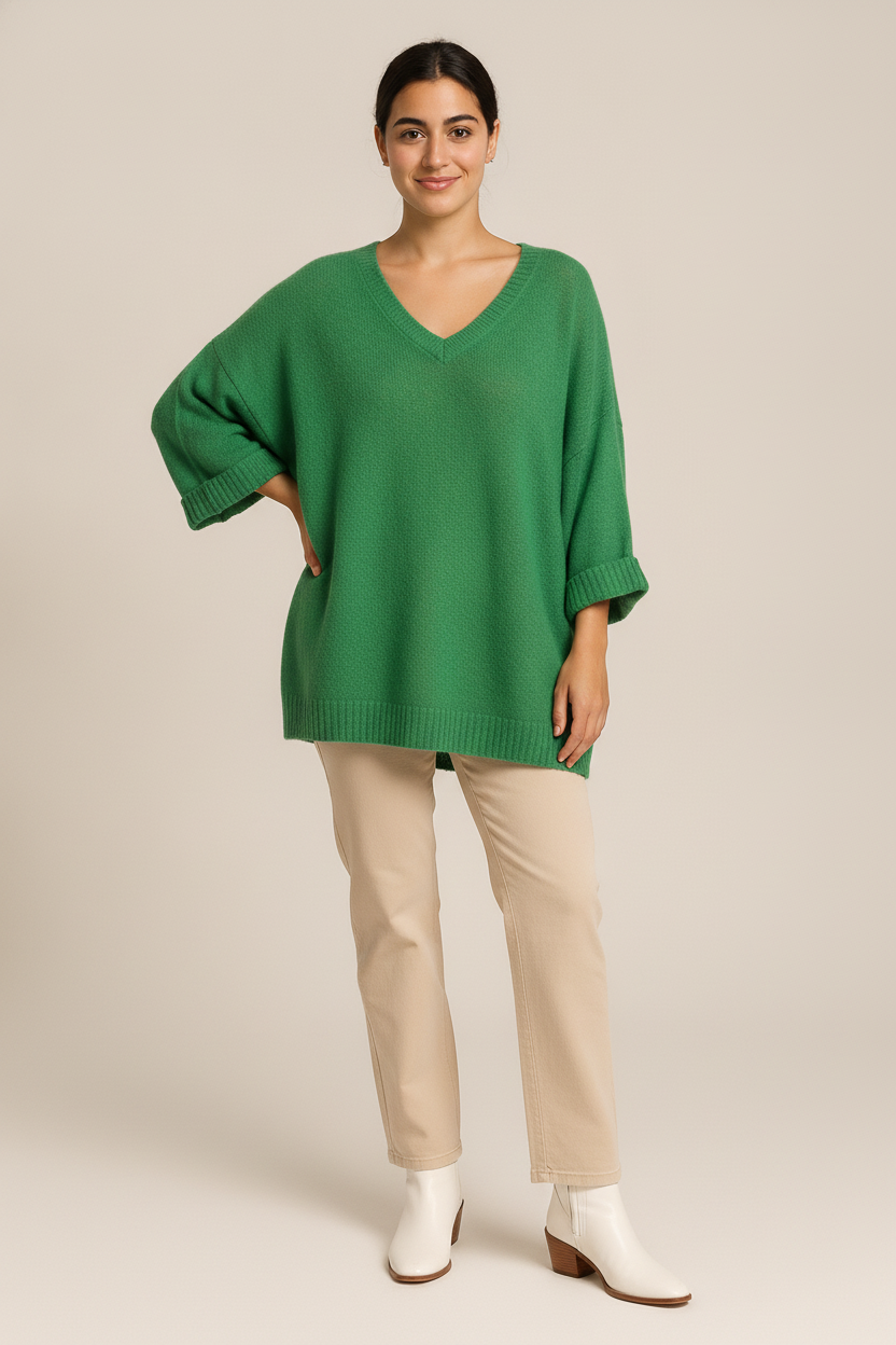 Gebreide Trui Dames met V-hals – Losse Pullover — Beatriz – Groen – vooraanzicht