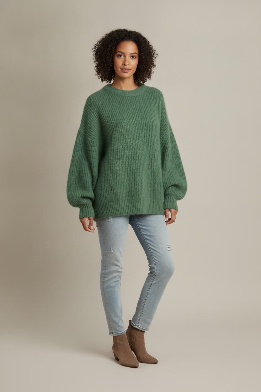 Oversized Trui Dames met Ballonmouwen – Zachte Gebreide Trui — Velia – Groen – vooraanzicht