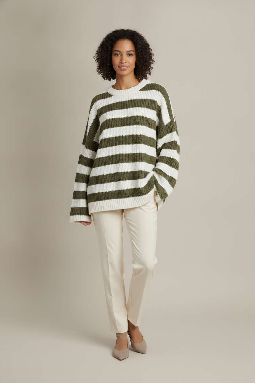 Gestreepte Trui Dames – Oversized Gebreide Trui met Ronde Hals — Kalea – Groen – vooraanzicht