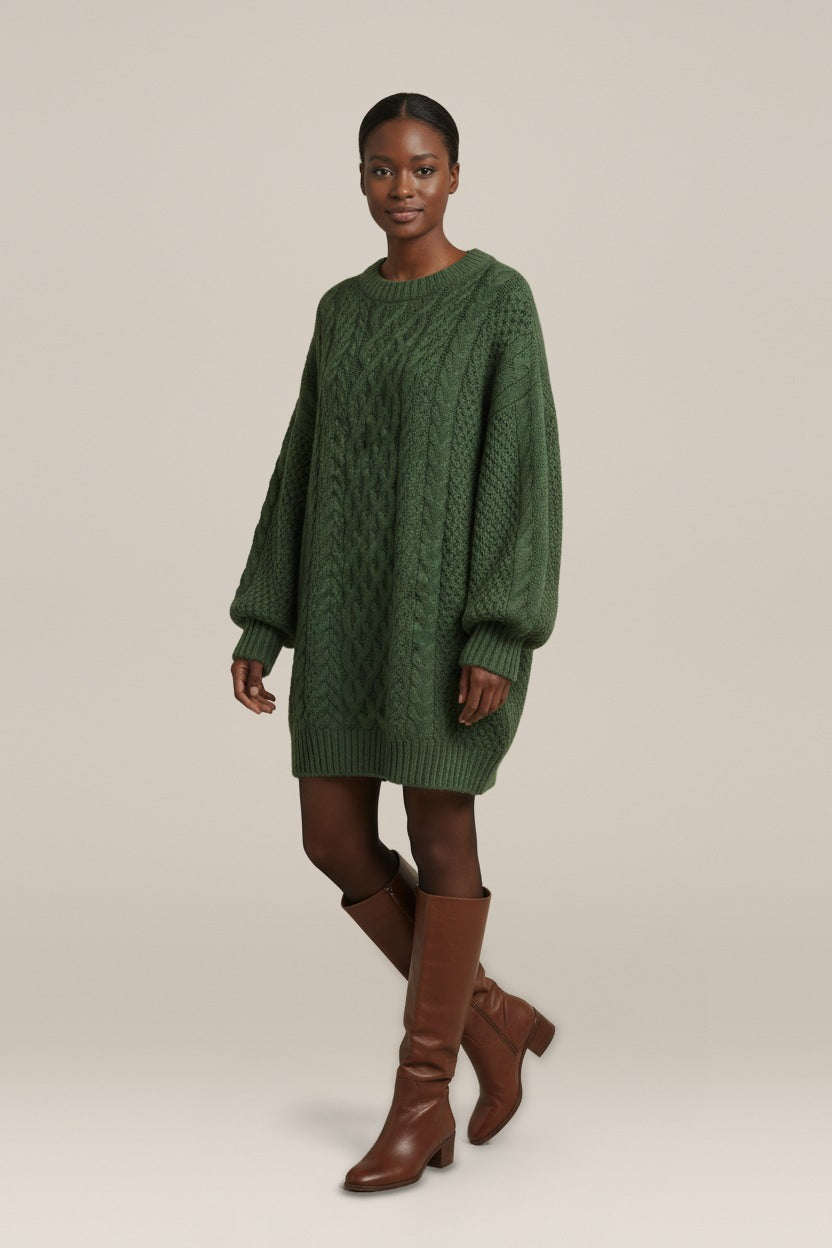 Oversized Truijurk Dames met Kabelpatroon – Ballonmouwen — Oriel – Groen – vooraanzicht