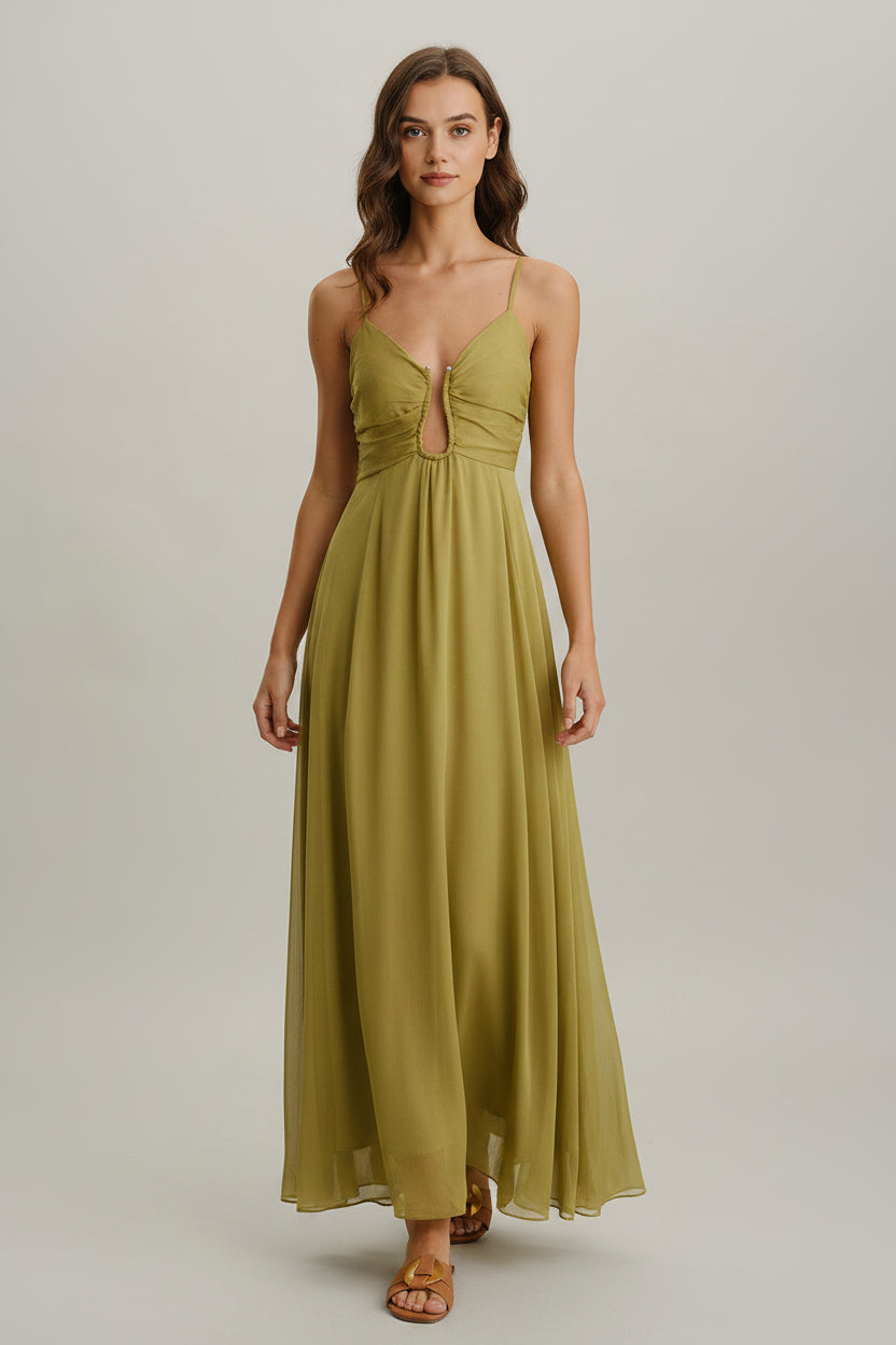 Groene Maxi Jurk Dames Zomer Hoge Taille Cut-out | Savana