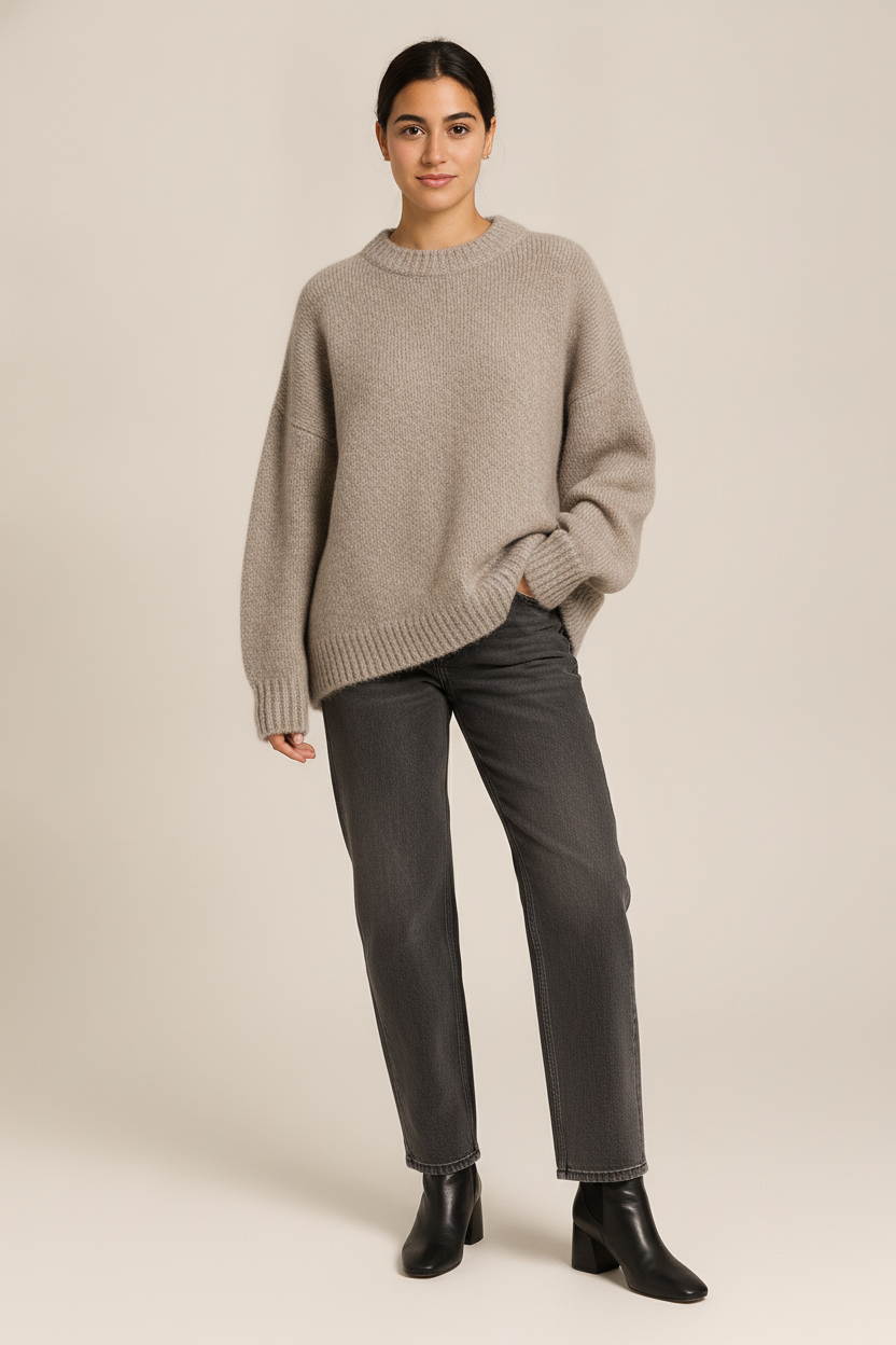 Oversized Gebreide Trui Dames – Zachte Pullover met Ronde Hals — Vivi – Grijs – vooraanzicht