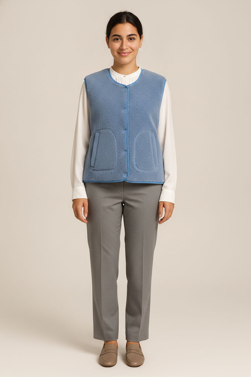 Teddy Gilet Dames zonder Kraag – Mouwloze Bodywarmer — Malia – Blauw – vooraanzicht