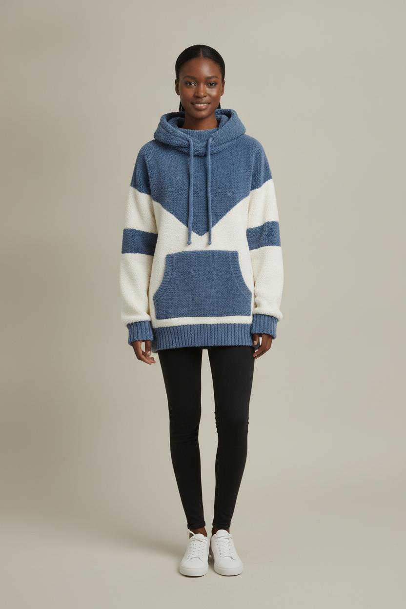 Teddy Hoodie Dames met Colorblock – Pluizige Capuchontrui — Solana – Blauw – vooraanzicht
