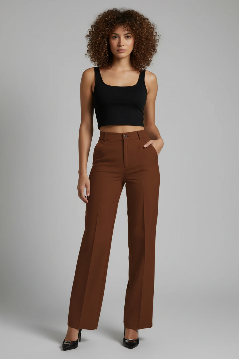 High-Waist Broek Dames Rechte Snit Elastische Band | Naïla