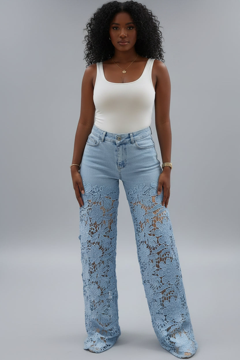 High-Waist Wide Leg Jeans Dames met Kant Elegant | Hana