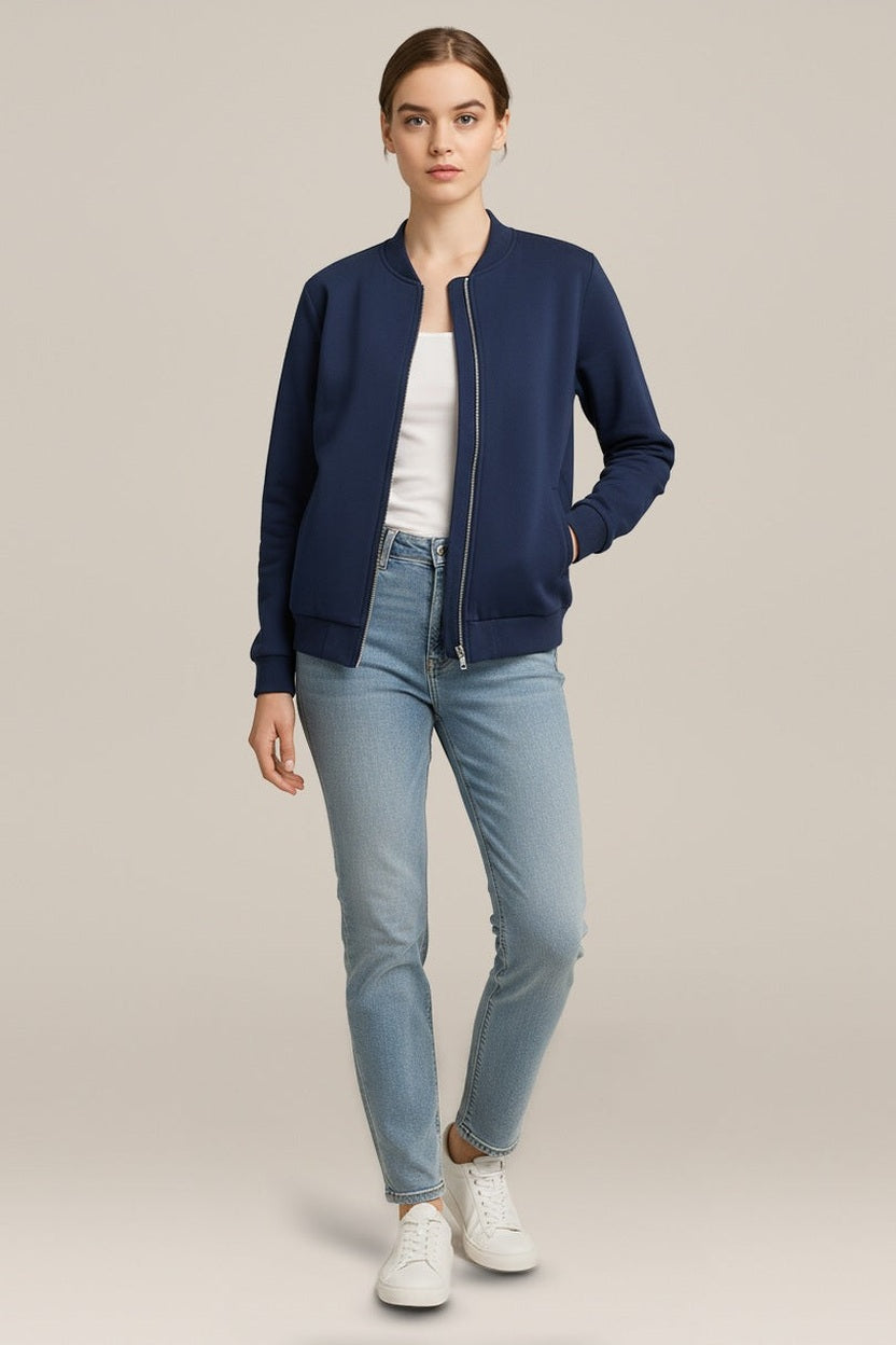 Bomberjack Dames met Rits – Zacht Sweatjack met Zakken in marineblauw – vooraanzicht