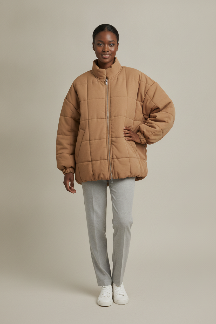 Oversized Gewatteerd Bomberjack — Amara – Camel – vooraanzicht