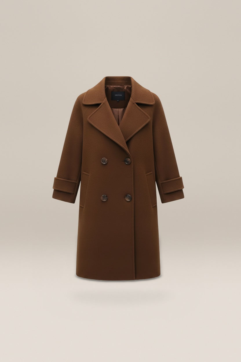 Dubbelrijige Slim Fit Mantel in Wollook — Leandra – Bruin – productfoto