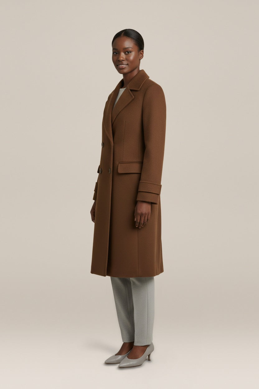 Dubbelrijige Slim Fit Mantel in Wollook — Leandra – Bruin – zijaanzicht
