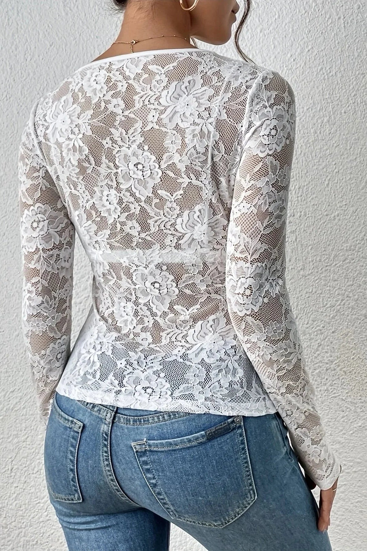 Kanten Top met Lange Mouwen en V-hals Dames | Elegant | Lacenta
