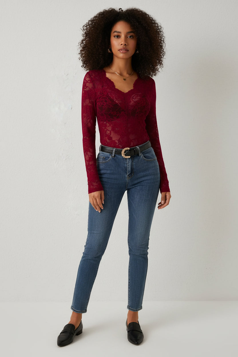 Kanten Top met Lange Mouwen en V-hals Dames | Elegant | Lacenta