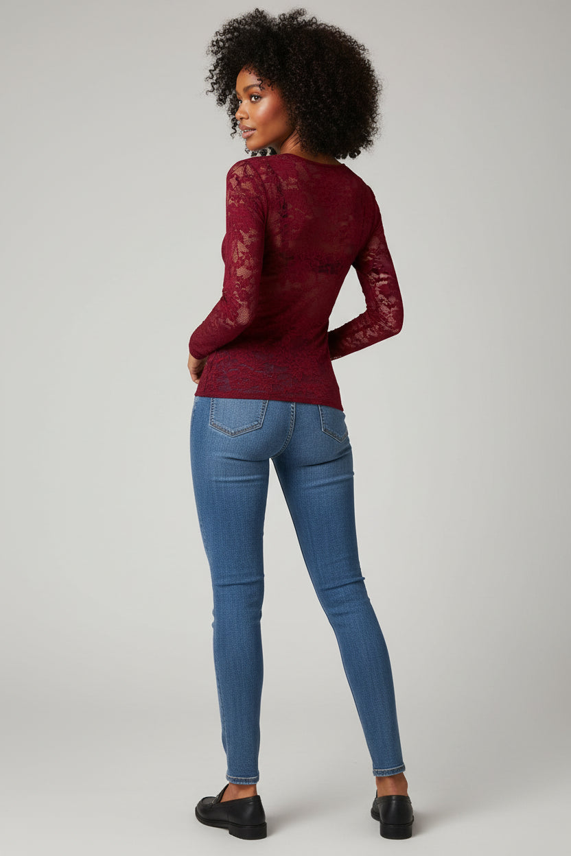 Kanten Top met Lange Mouwen en V-hals Dames | Elegant | Lacenta