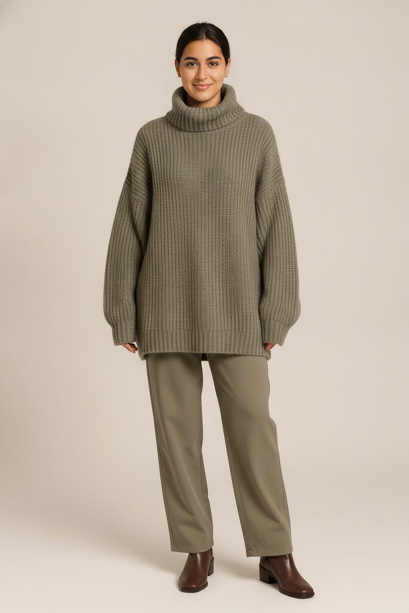 Oversized Coltrui Dames – Gebreide Trui met Hoge Col — Selin – Khaki – vooraanzicht