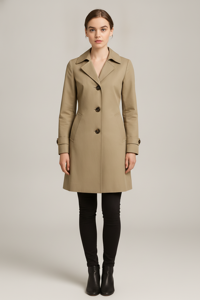 Trenchcoat Dames Getailleerd – Lange Tussenjas tot de Knie — Esperanza – Zand – vooraanzicht
