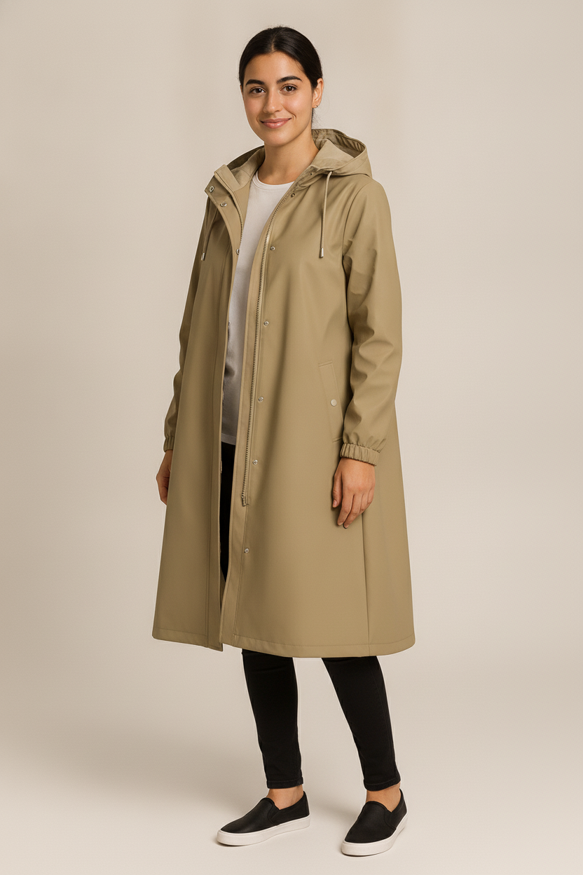 Regenjas Dames met Capuchon – Lange Oversized Parka — Lucienne – Khaki – vooraanzicht