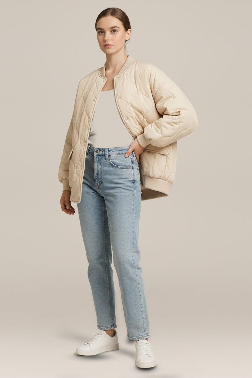 Gewatteerd Bomberjack Dames – Oversized Tussenjas in beige – vooraanzicht