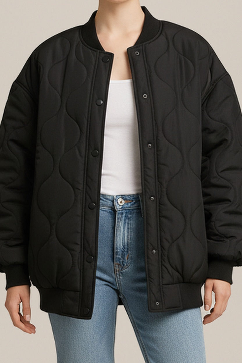 Gewatteerd Bomberjack Dames – Oversized Tussenjas in zwart – detail