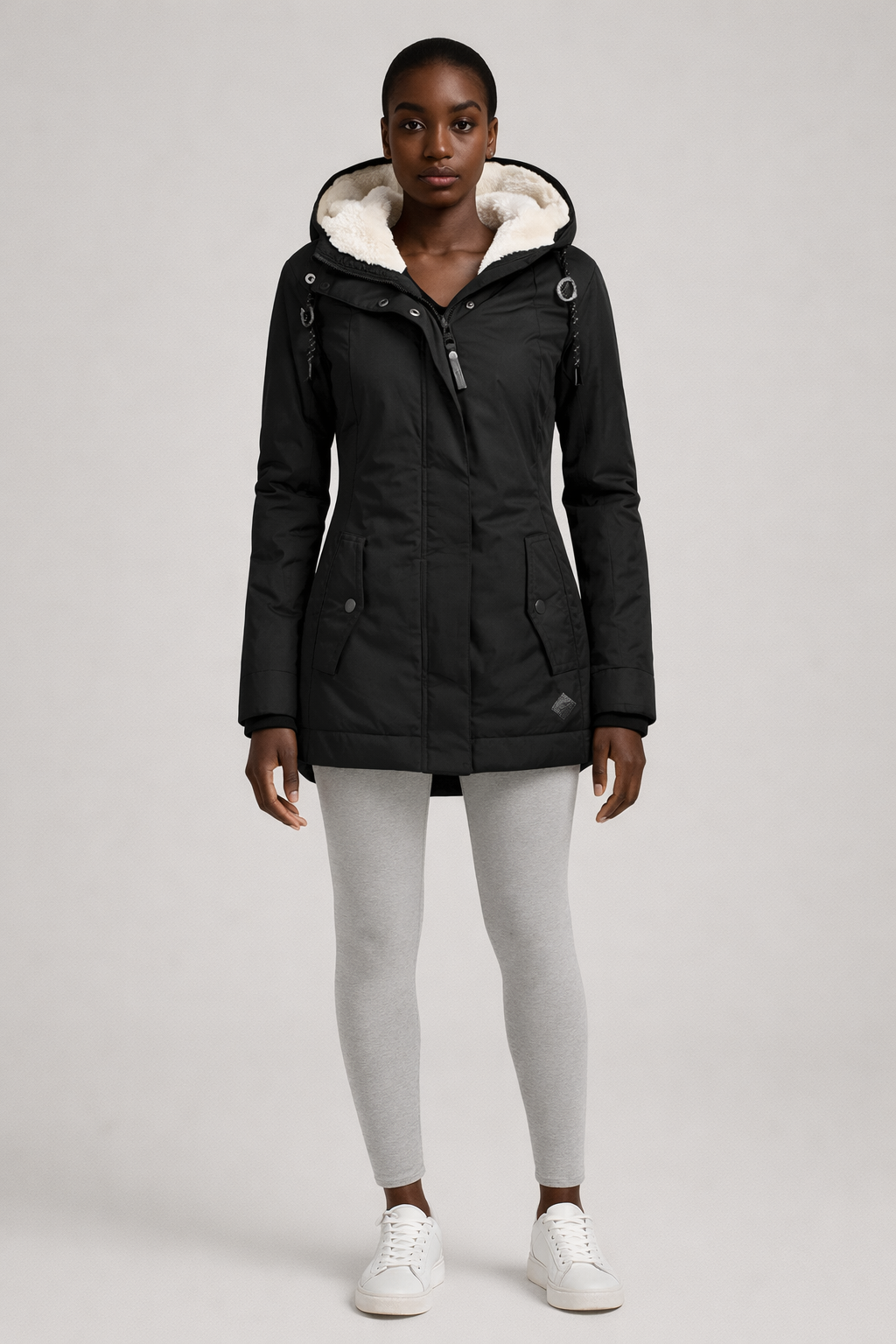 Lange Waterafstotende Winterjas met Capuchon — Fabiana – Zwart – vooraanzicht