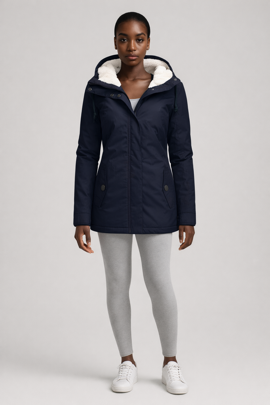 Lange Waterafstotende Winterjas met Capuchon — Fabiana – Marineblauw – vooraanzicht