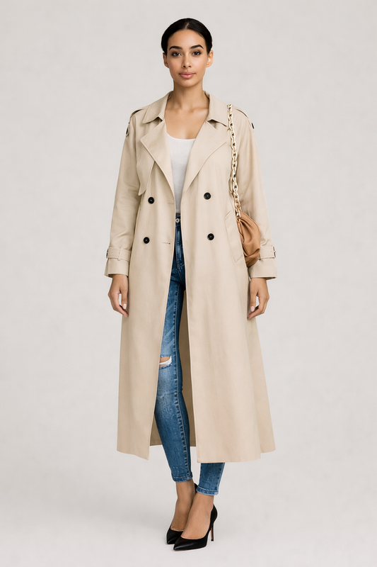 Lange Losvallende Trenchcoat — Noelle – Beige – vooraanzicht