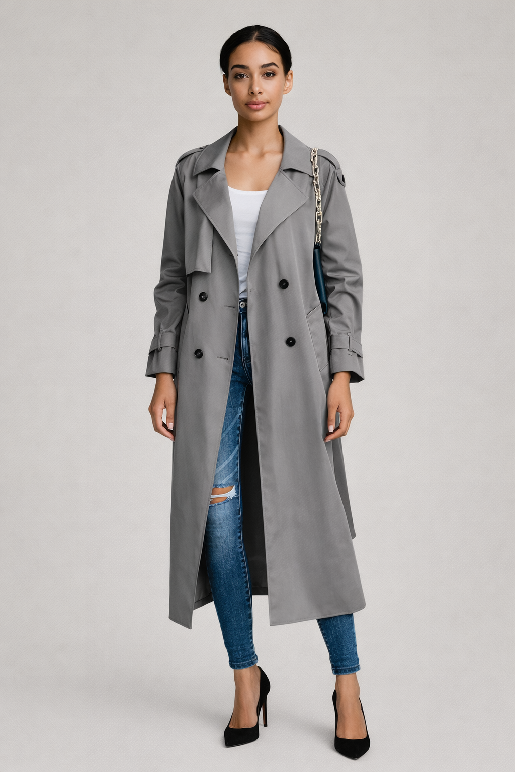 Lange Losvallende Trenchcoat — Noelle – Grijs – vooraanzicht