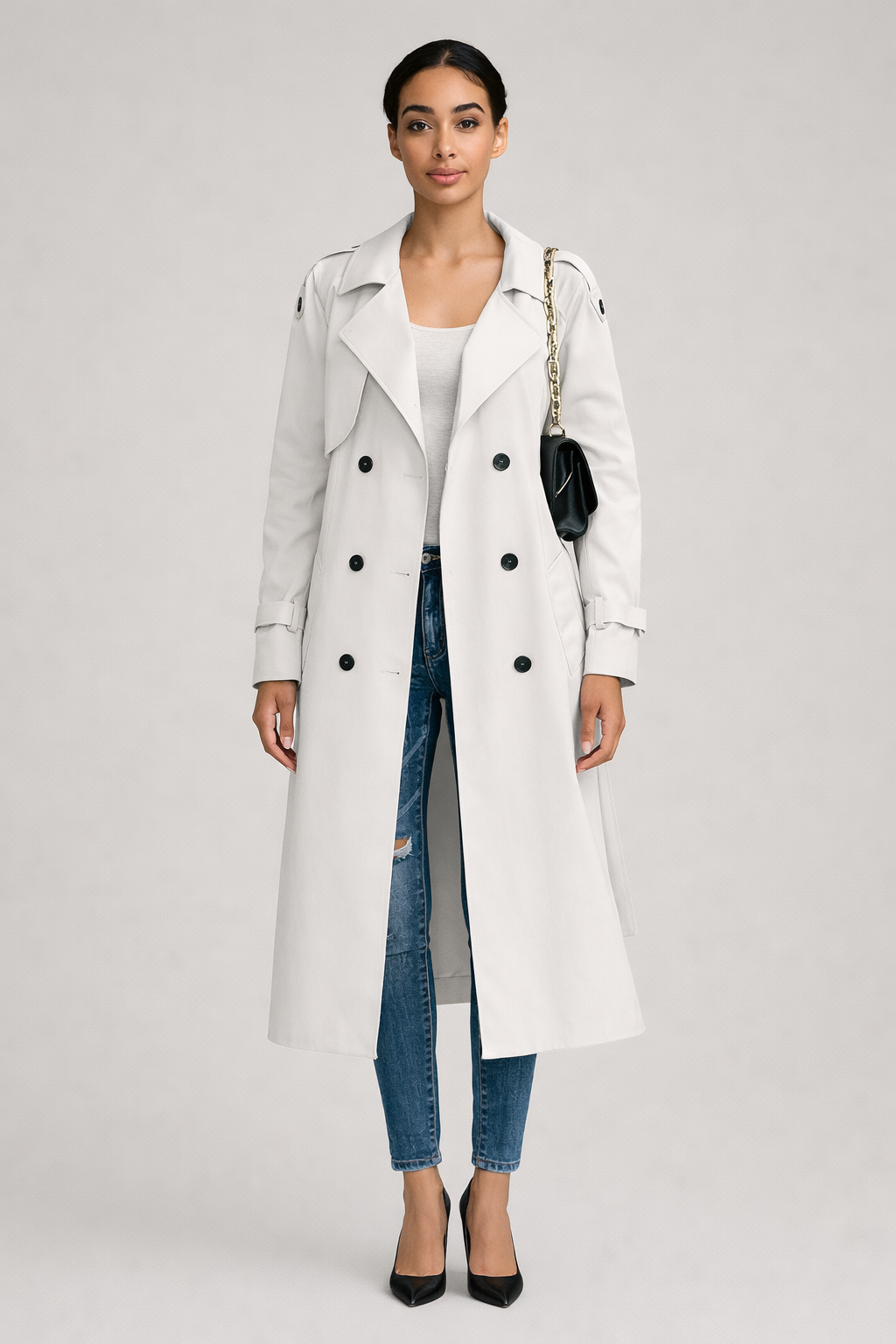 Lange Losvallende Trenchcoat — Noelle – Wit – vooraanzicht