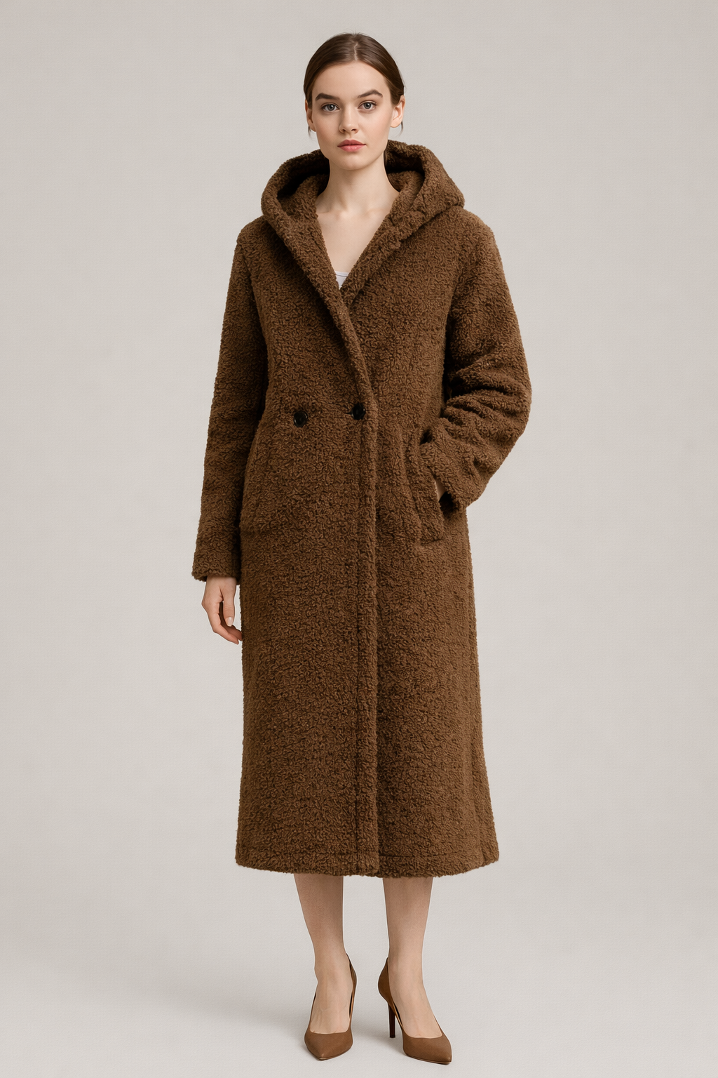 Lange Teddy Jas met Capuchon — Romy – Bruin – vooraanzicht