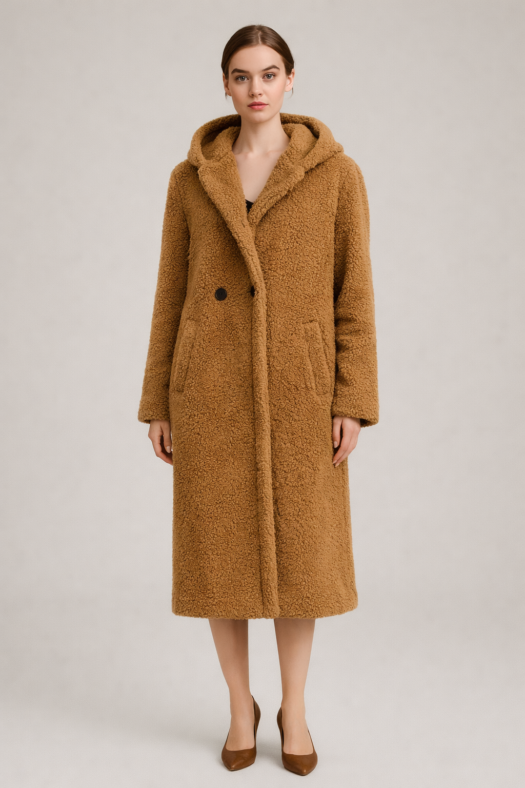 Lange Teddy Jas met Capuchon — Romy – Caramel – vooraanzicht