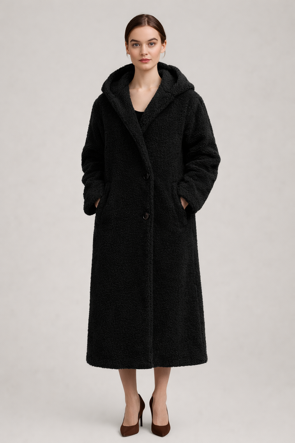 Lange Teddy Jas met Capuchon — Romy – Zwart – vooraanzicht