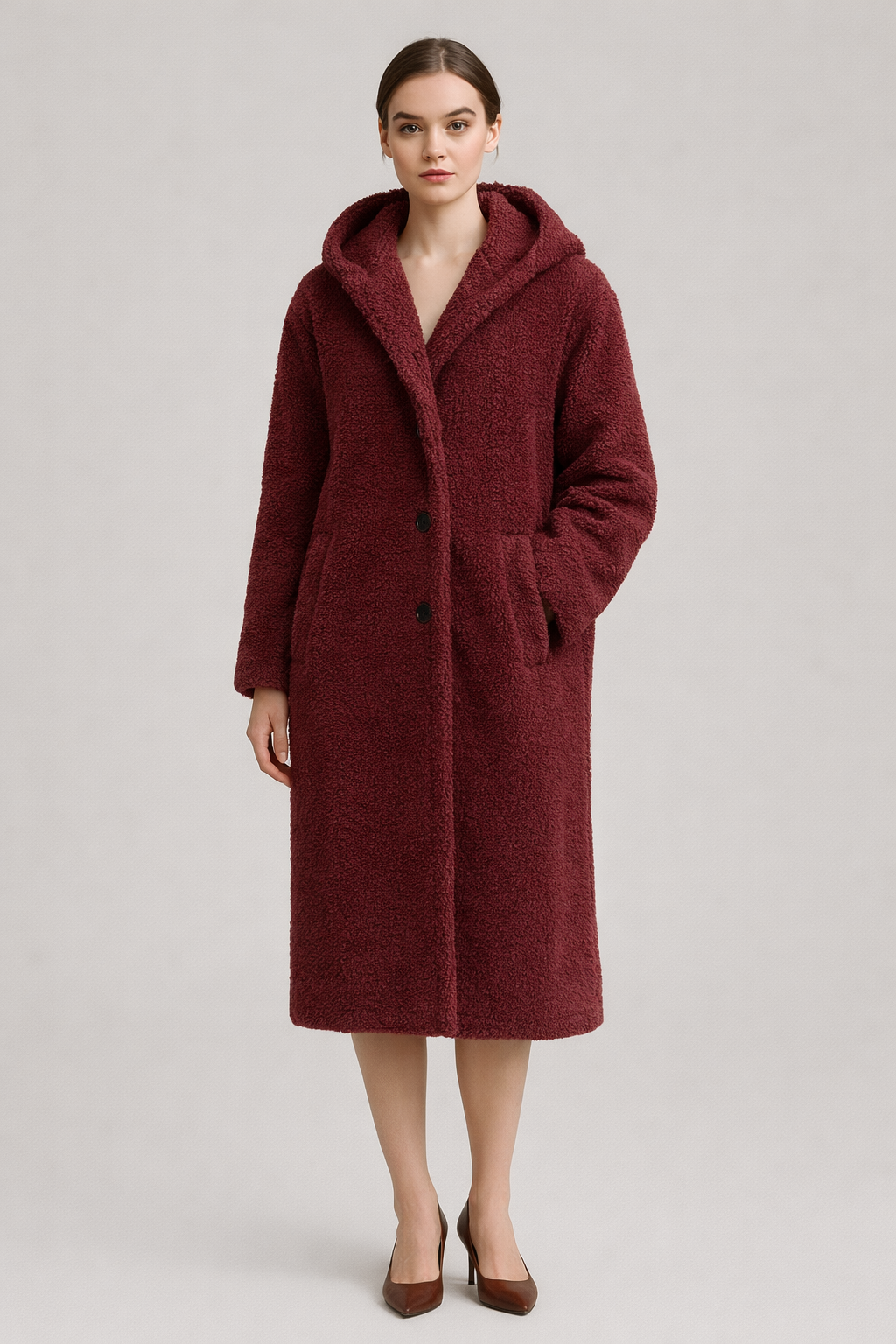 Lange Teddy Jas met Capuchon — Romy – Bordeaux – vooraanzicht