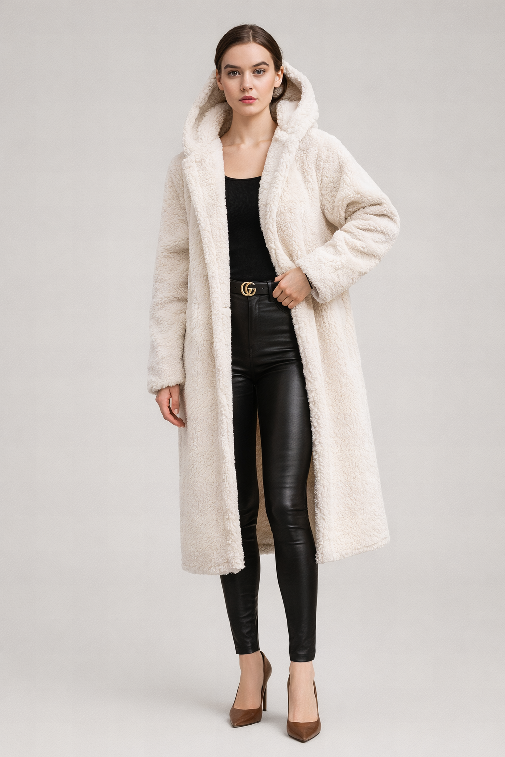Lange Teddy Jas met Capuchon — Romy – Crème – vooraanzicht