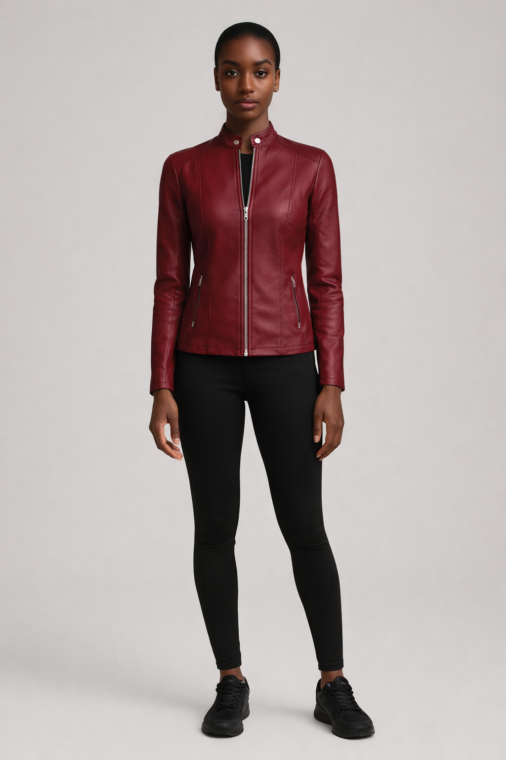 Getailleerd Leerlook Jasje met Rits — Elyse – Bordeaux – vooraanzicht