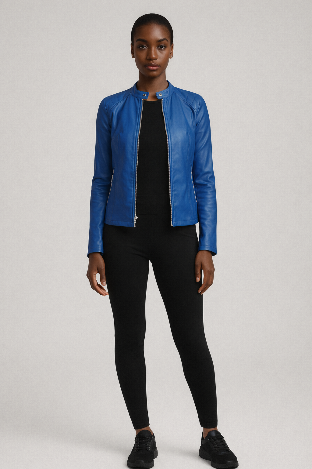 Getailleerd Leerlook Jasje met Rits — Elyse – Blauw – vooraanzicht