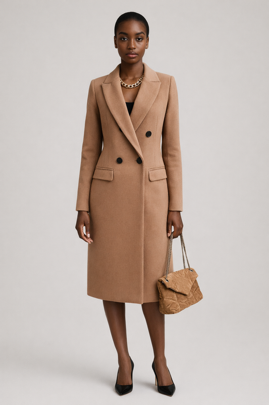 Lange Mantel met Wollook en Knopen — Fleur – Camel – vooraanzicht