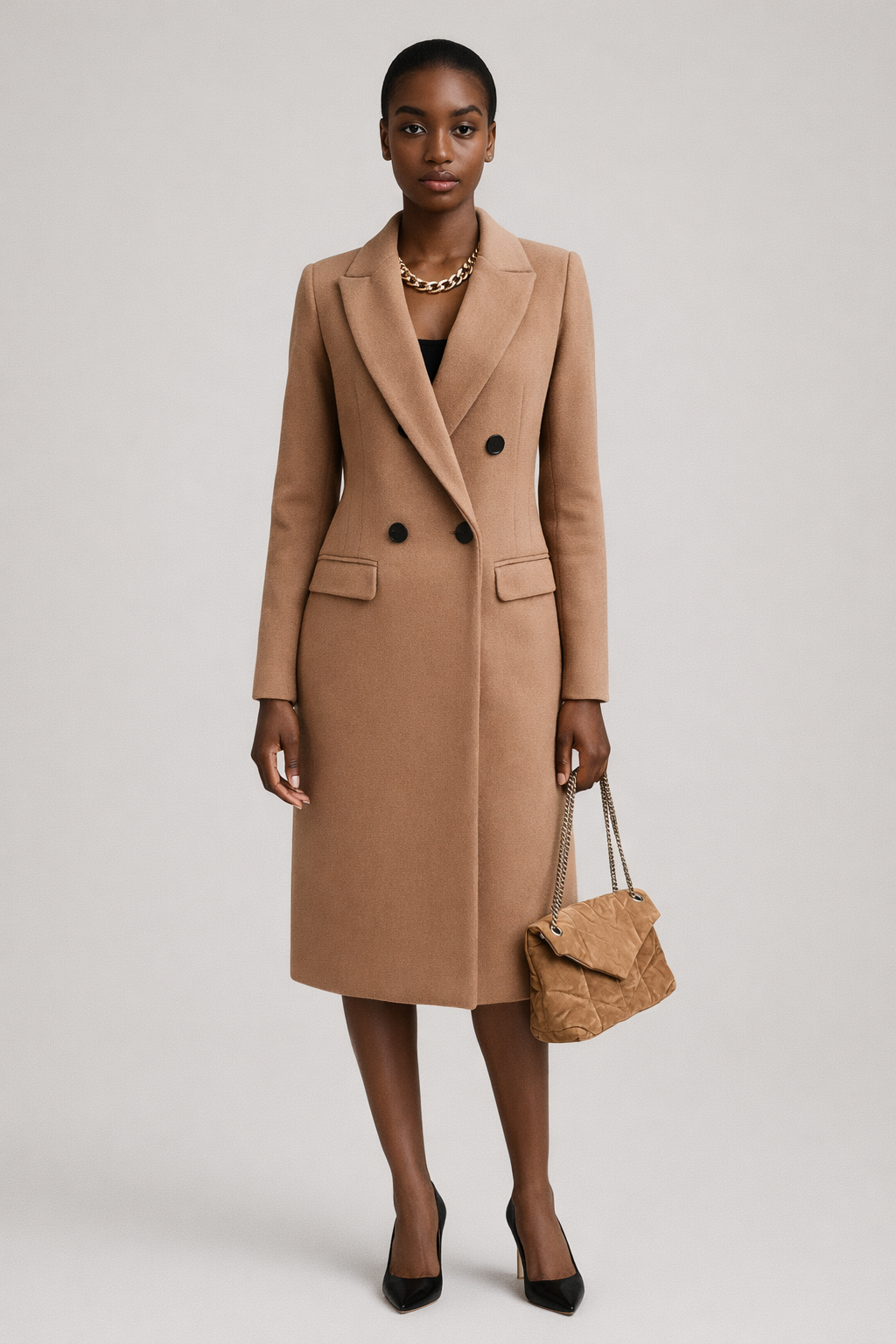 Lange Mantel met Wollook en Knopen — Fleur – Camel – vooraanzicht