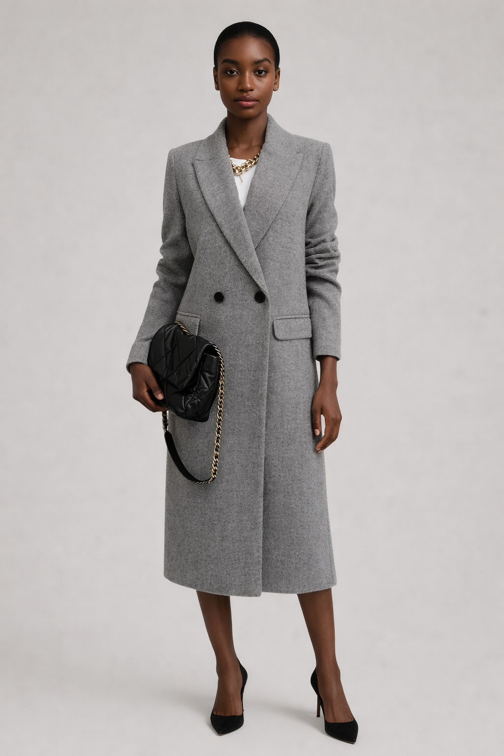 Lange Mantel met Wollook en Knopen — Fleur – Grijs – vooraanzicht
