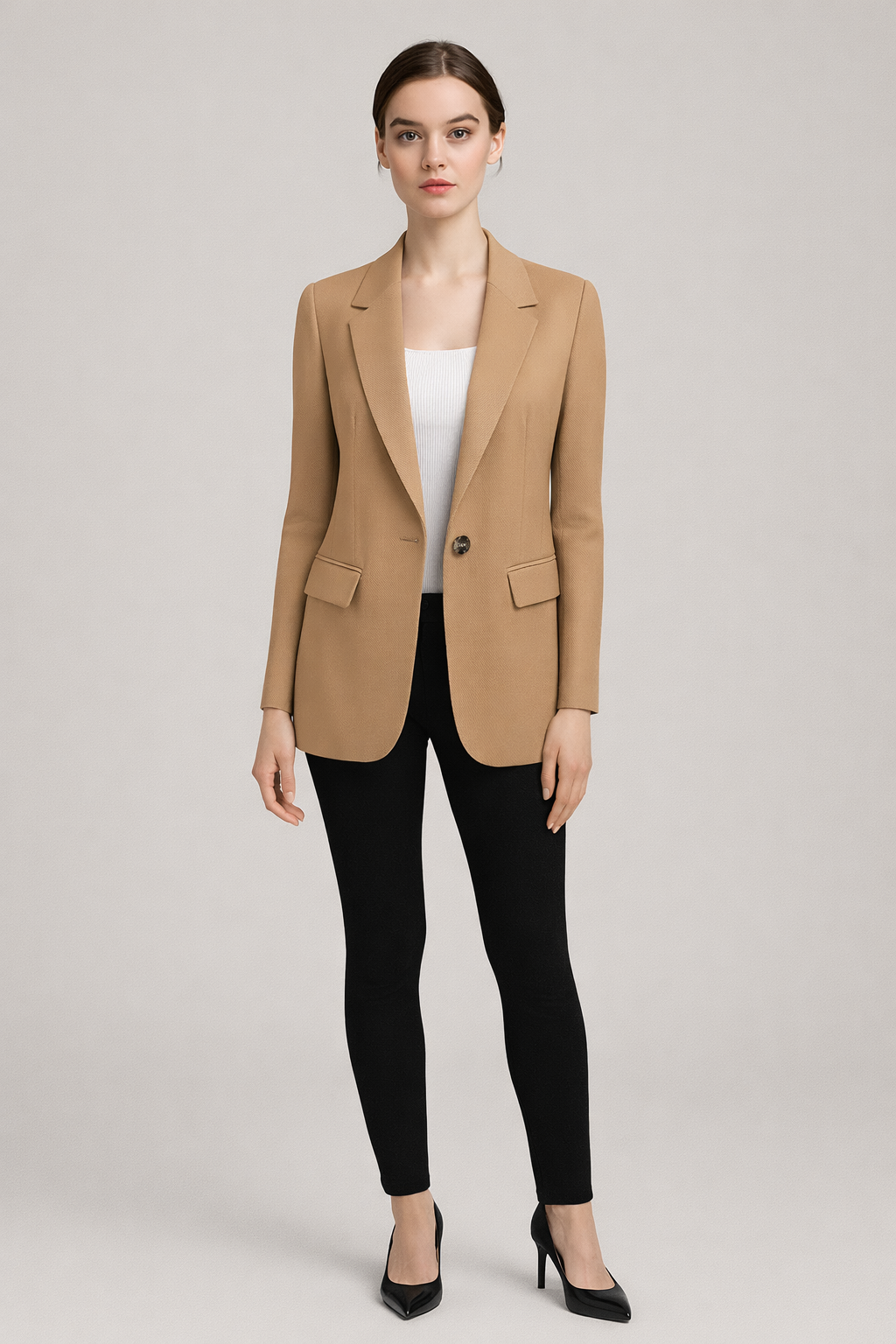 Getailleerde Blazer met Één Knoop — Robin – Camel – vooraanzicht
