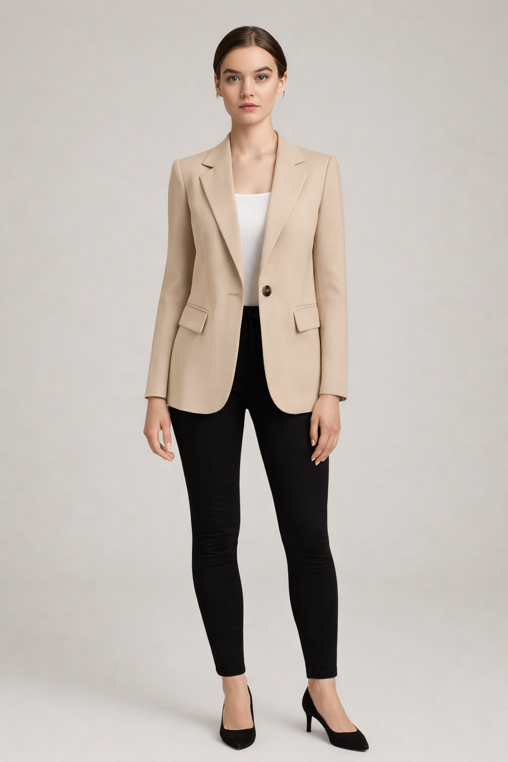 Getailleerde Blazer met Één Knoop — Robin – Beige – vooraanzicht